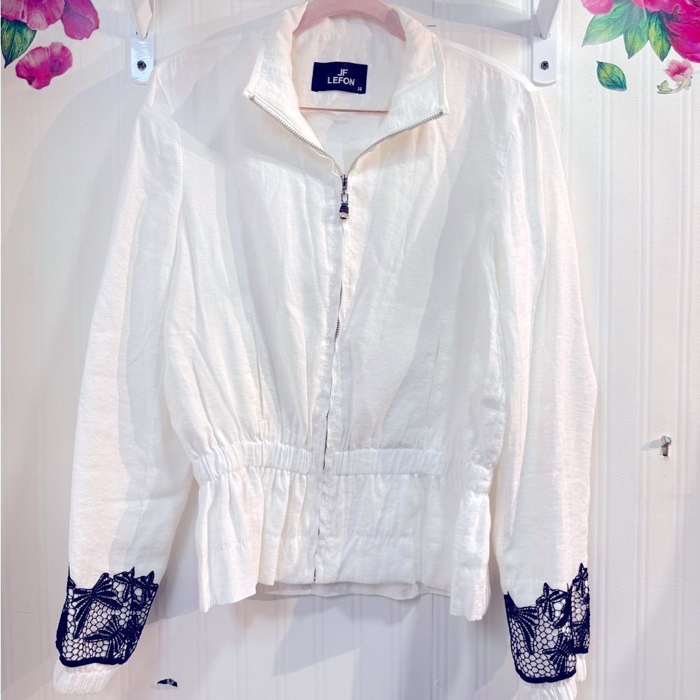 JF LEFON White Jacket with‎ Black Lace Accents Sz 38
